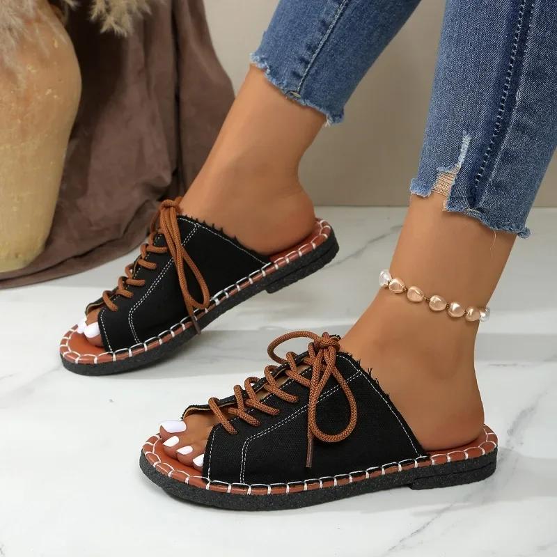 Shoes Female  Brand Open Toe Women's Slippers Outdoor Casual Slippers Women Round Toe -tied Low Heel Plus Size Sandals