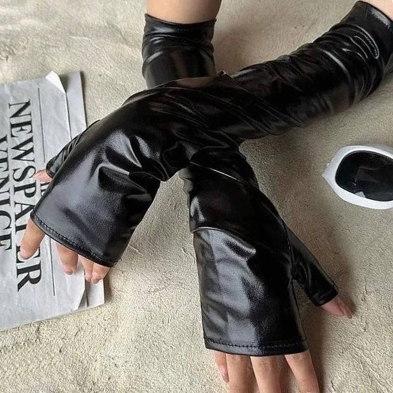 Lolita Cyberpunk Cosplay Black Gloss PU Leather Gloves Black Loose Half Finger Arm Sleeves Halloween Extended Wrist Cuffs Women