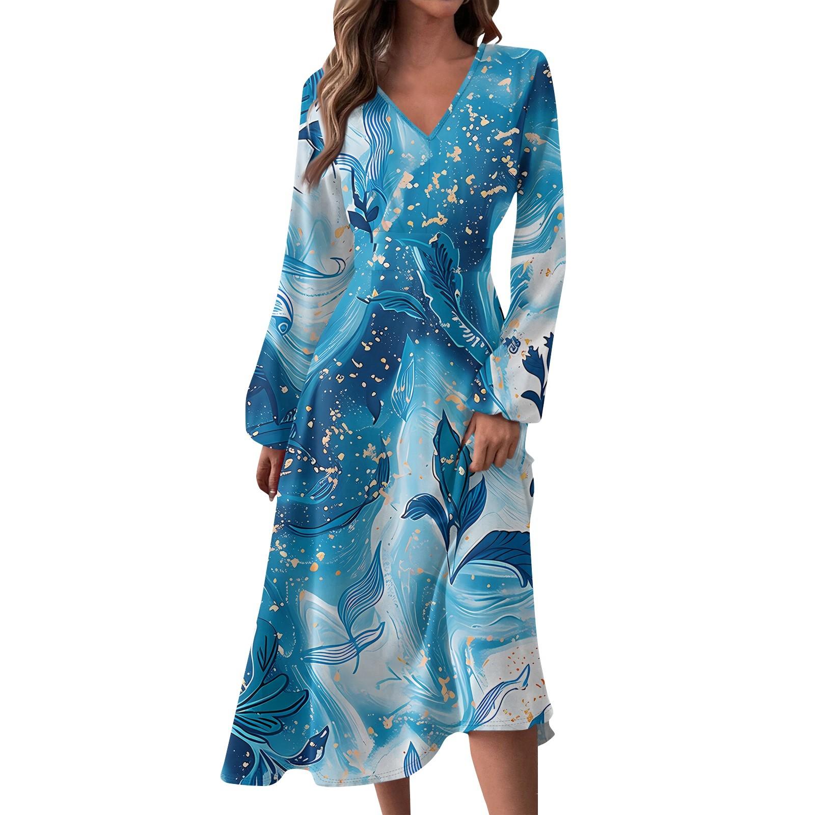 

Женское осенне-зимнее повседневное модное длинное платье с v-образным вырезом и длинным рукавом с принтом XL синий