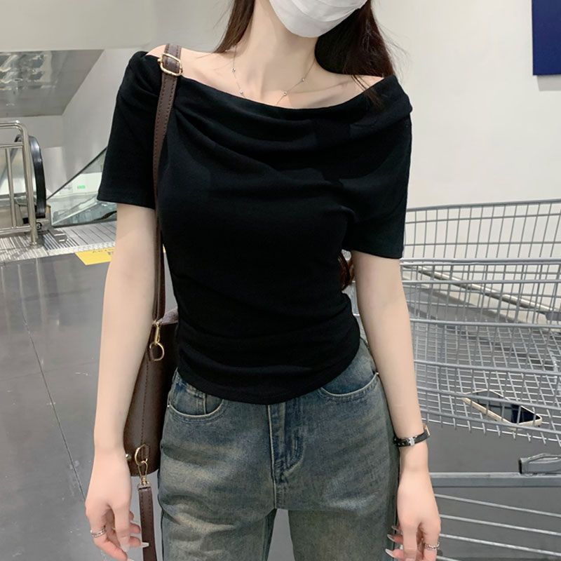 

Design sense niche swinging collar short-sleeved T-shirt women s summer new Spice Girl style temperament slim and thin short top S чёрный