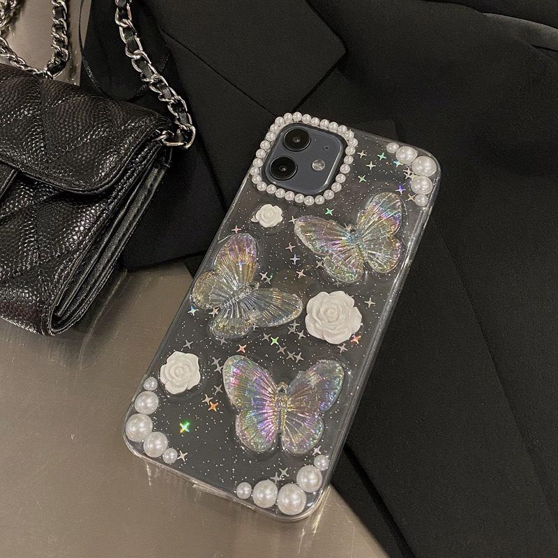 

Pearl Flower Transparent Phone Case For Iphone16Promax Butterfly Apple 17 Rose Glitter iPhone 7/8/SE 2020