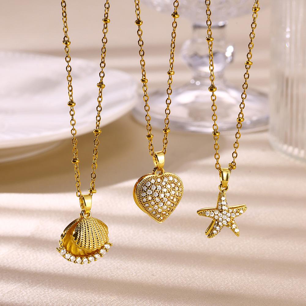 Cubic Zirconia Starfish Pendant Necklace For Women Double Charm With Pearl Necklaces Female Statement Stainless Steel Jewelry