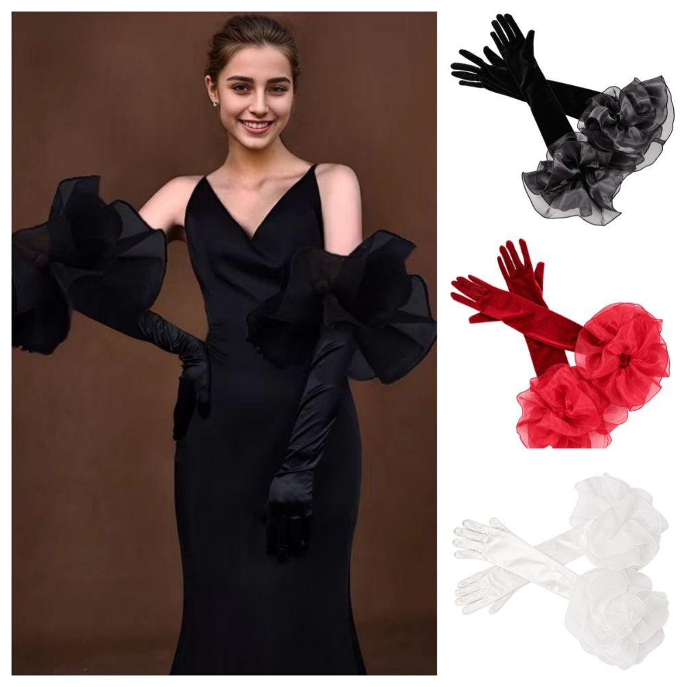 Elastic Ruffles Velvet Mittens Elegant Wedding Bridal Gloves Vintage Long Gloves Dress Accessories