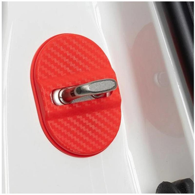 Universal 4pcs Red Carbon Fiber Style Car Door Lock Latch Protective Cover Trim Anti Rust Sticker Decor
