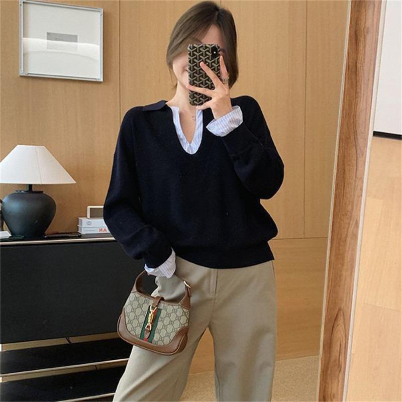 

Slack stylish fake two-piece contrasting color splicing striped knitted sweater slimming design sweater long-sleeved top one size fits all