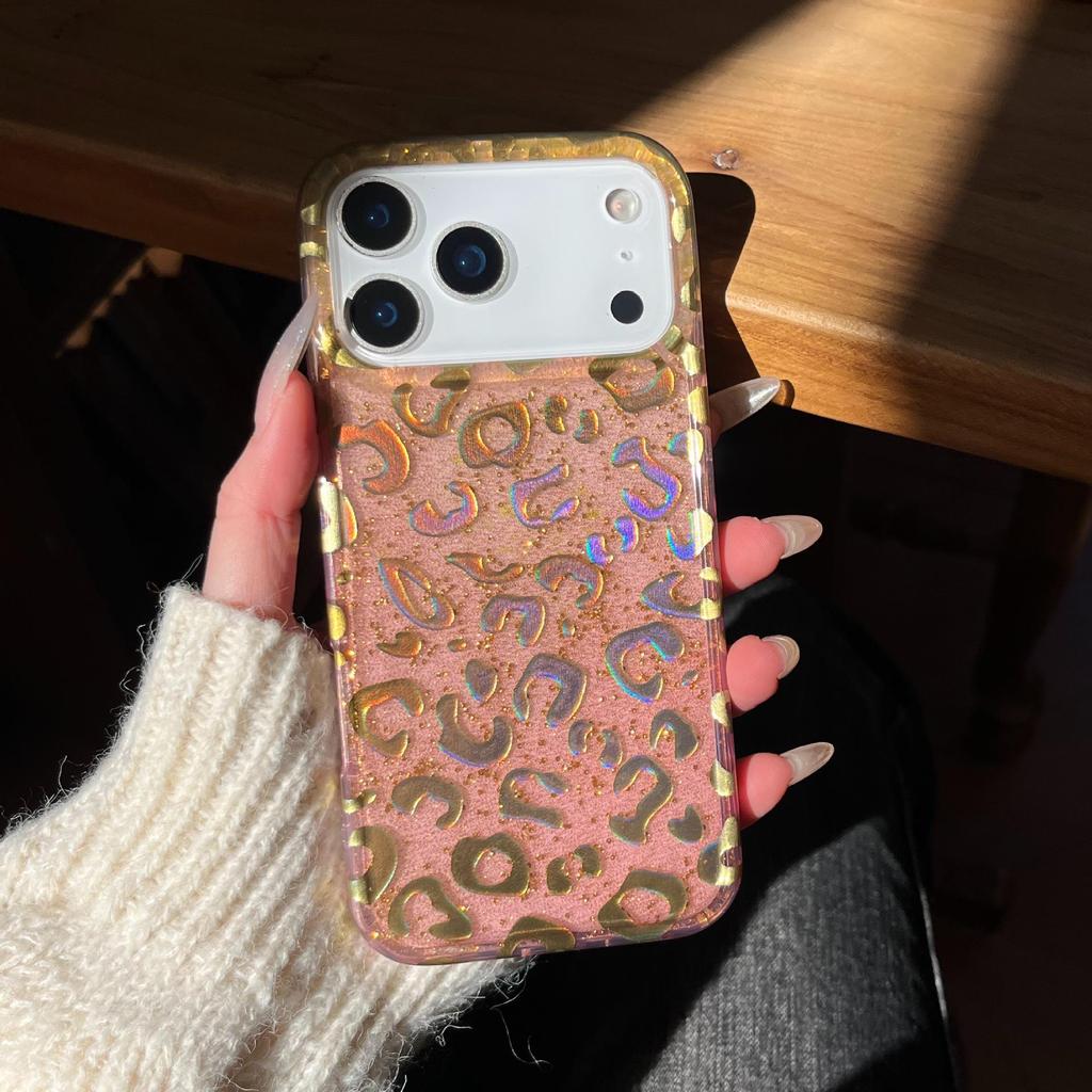 Gold Foil Pink Leopard Print Case for iPhone 16 Pro Max/17, Full Coverage