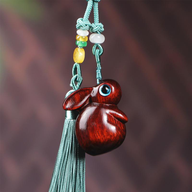 Red & Green Sandalwood Jade Rabbit Car Pendant Phone Keychain Ornament Gift 3.6 x 3.5 x 2.4 cm