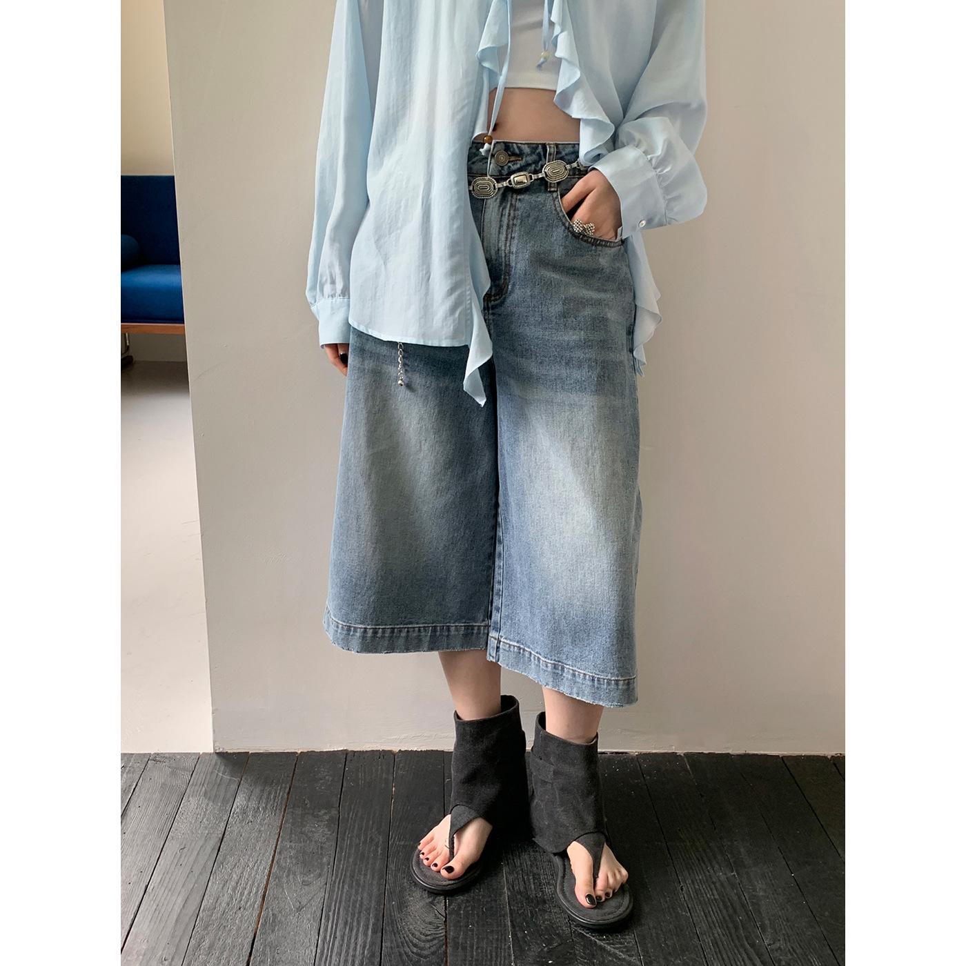Women s 2026 Spring High Waist Retro Washed Denim Wide-Leg Pants M