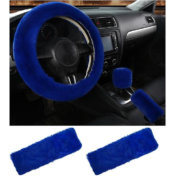 5 PCS Fluffy Steering Wheel Covers Set, Faux Wool Steering Wheel Cover & Handbrake Cover & Gear Shift Cover & 2 Seat Belt Shoulder Pads, Universal