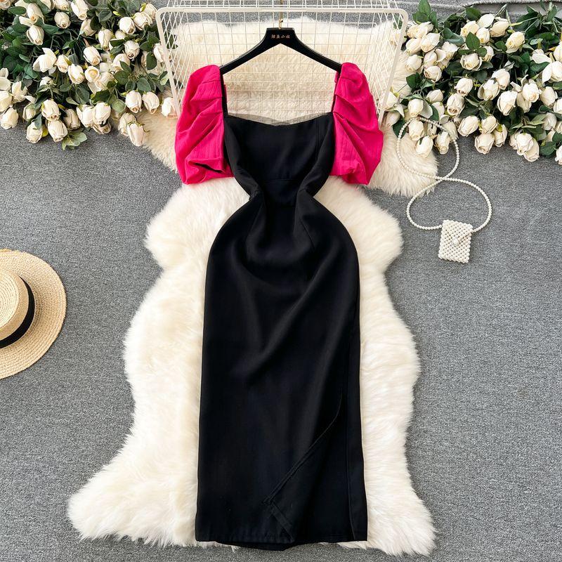 

Accessible Luxury Socialite Style Fancy Dress Women s Puff Sleeves Square Collar Patchwork Waist-Slimming Stylish Niche Style Split Dress Black 2XL