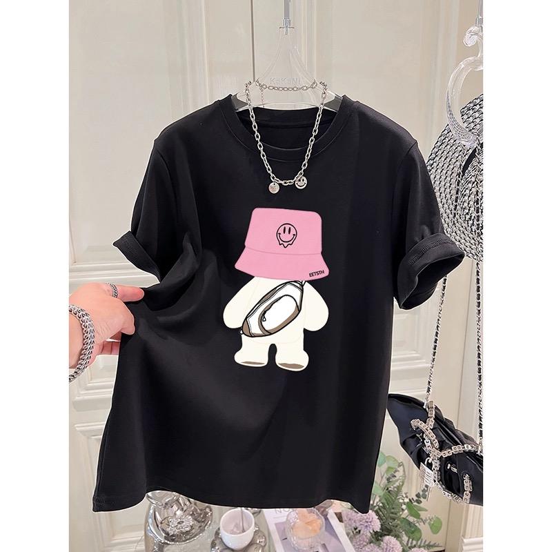 Summer Funny Cartoon Print T Shirt for Women Clothes High Quality 200G 100% Cotton Tee Shirt Harajuku Oversized T-shirt Y2k Tops Young Girl Streetwear