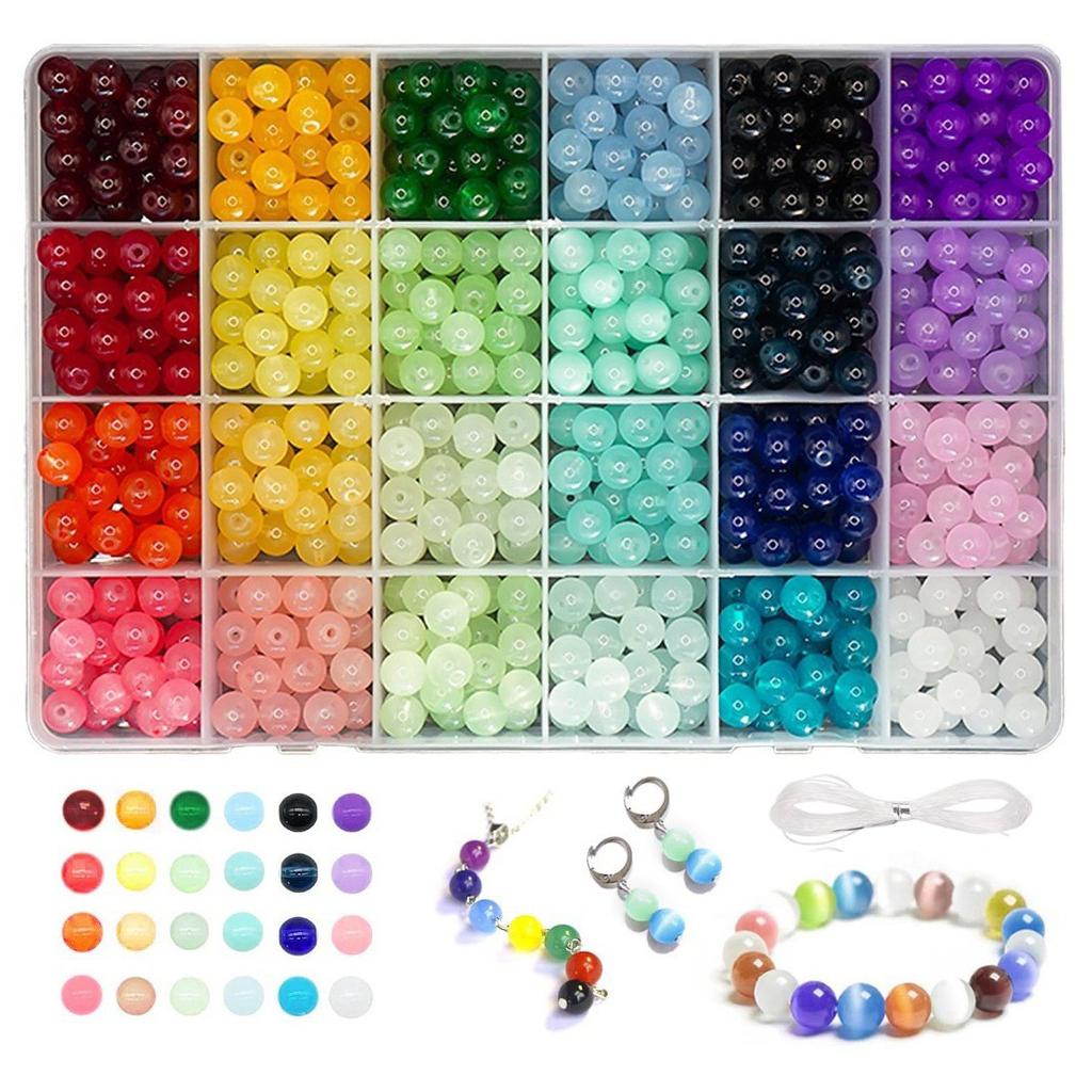 Juego de 1200 Cuentas de Vidrio DIY para Hacer Joyería 24 Colores 8 mm Pulsera de Cuentas de Cristal