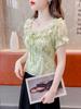 French Chic Waist Beautiful Shirt Top Summer Fresh Short Sleeve Sweet Floral Design Chiffon Shirt Women