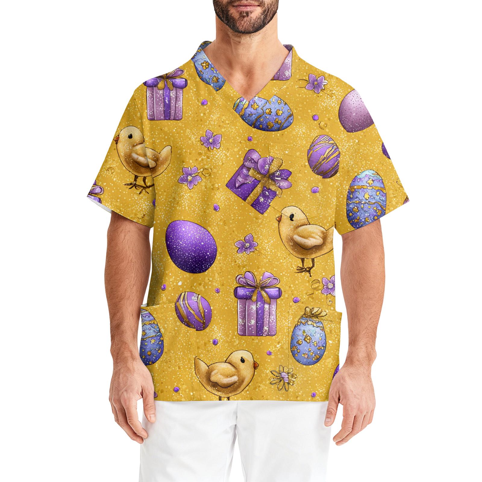 Men s Printing Short Sleeve V-neck Working Blouse Chest Pocket Carer Top XL жёлтый