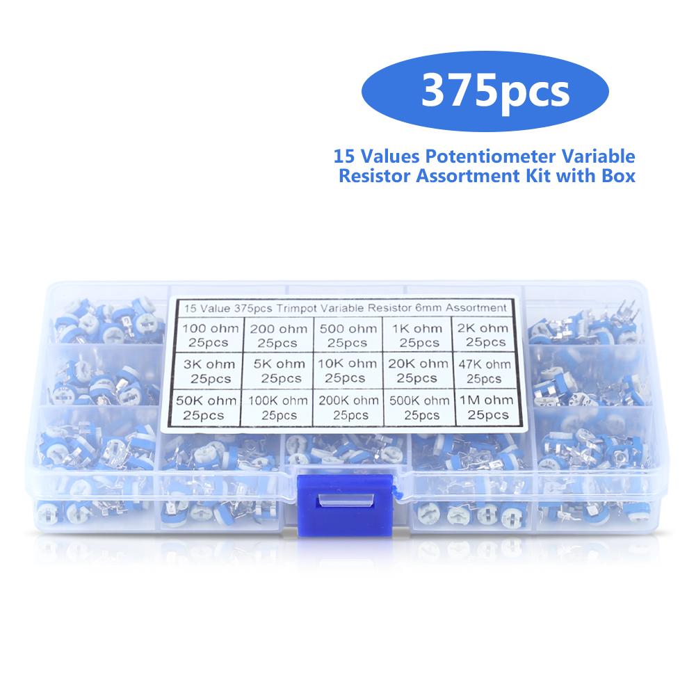 375Pcs 15 Values Potentiometer Variable Resistor Assortment Kit with Box