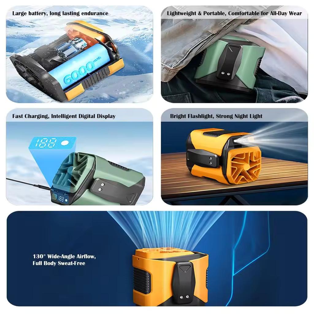 Rechargeable Waist Fan Portable Hands Free Mini Fan With Power Bank Flashlight 5 Speeds For Outdoor Activities