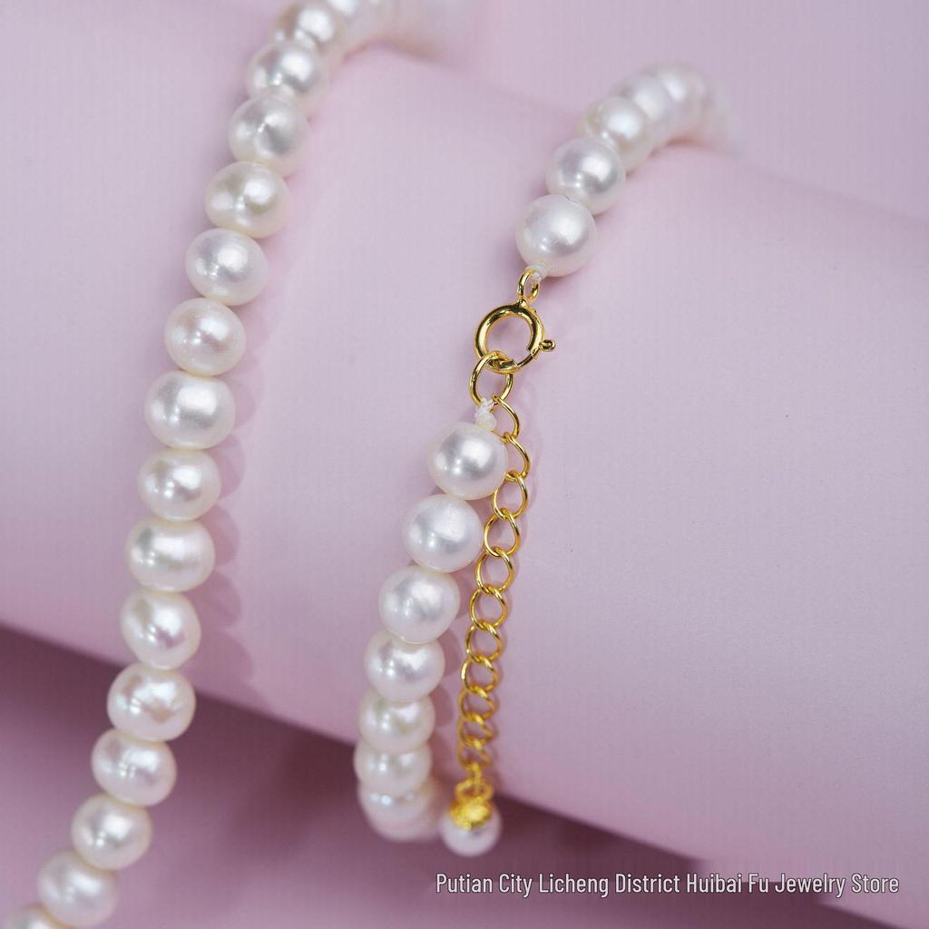 Set Collana e Bracciale da Donna con Perle d'Acqua Dolce Naturali e Nappa - Perle Quasi Rotonde 5-6mm, Argento S925 Regolabile