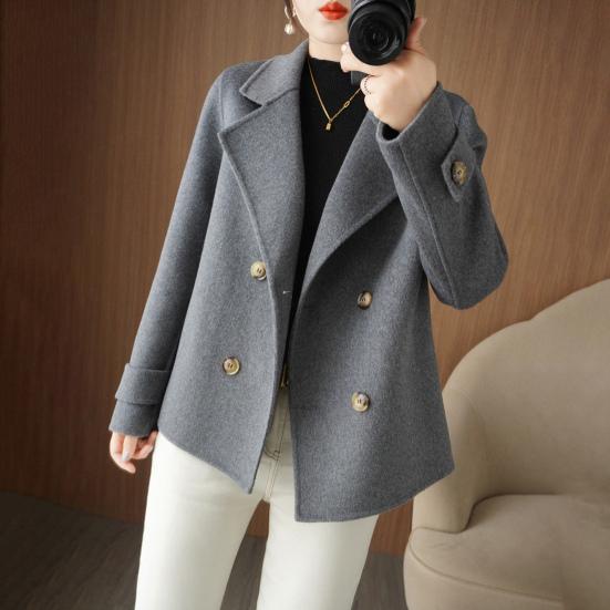 Women Fall Winter Woolen Coat Double-breasted Lapel Long Sleeve Loose Solid Color Thickened Warm Formal Business Style OL Commute Jacket