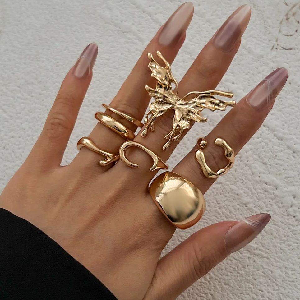 

DIEZI One Set Beach Style Butterfly Geometric Irregular Knuckle Rings For Women Vintage Gold Silver Color Open Joint Ring