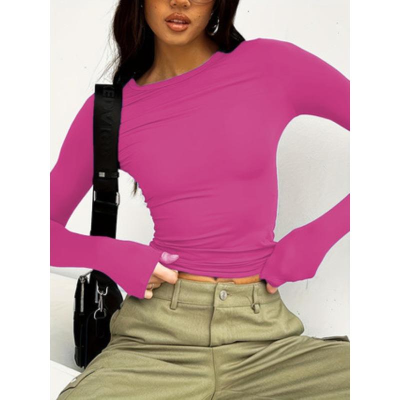 Solid Color Casual Round Neck Long Sleeved T-shirt Top