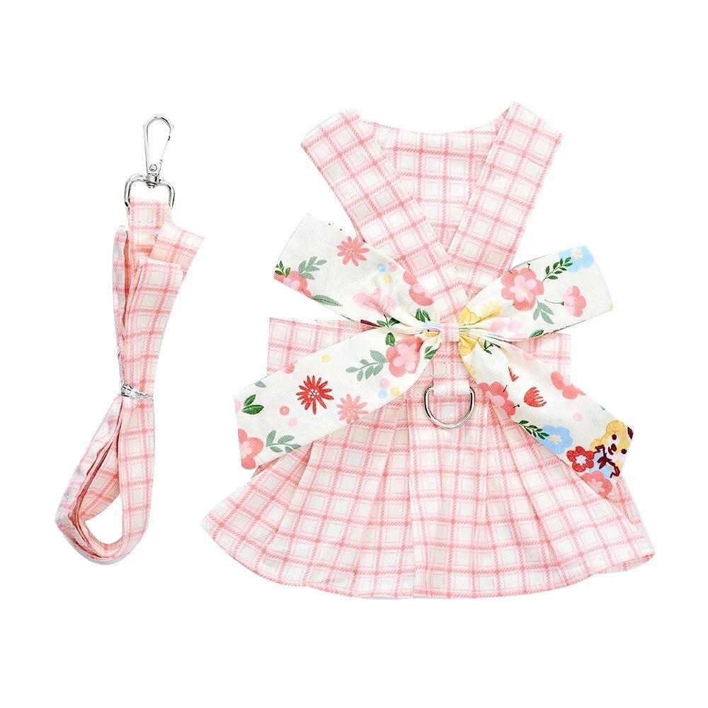Summer Dog Harness Dresses with Leash Set Pet Dogs Clothes Bow Tie Bust Back Dress Puppy Clothing Cute Fashion Outfit Pet Item