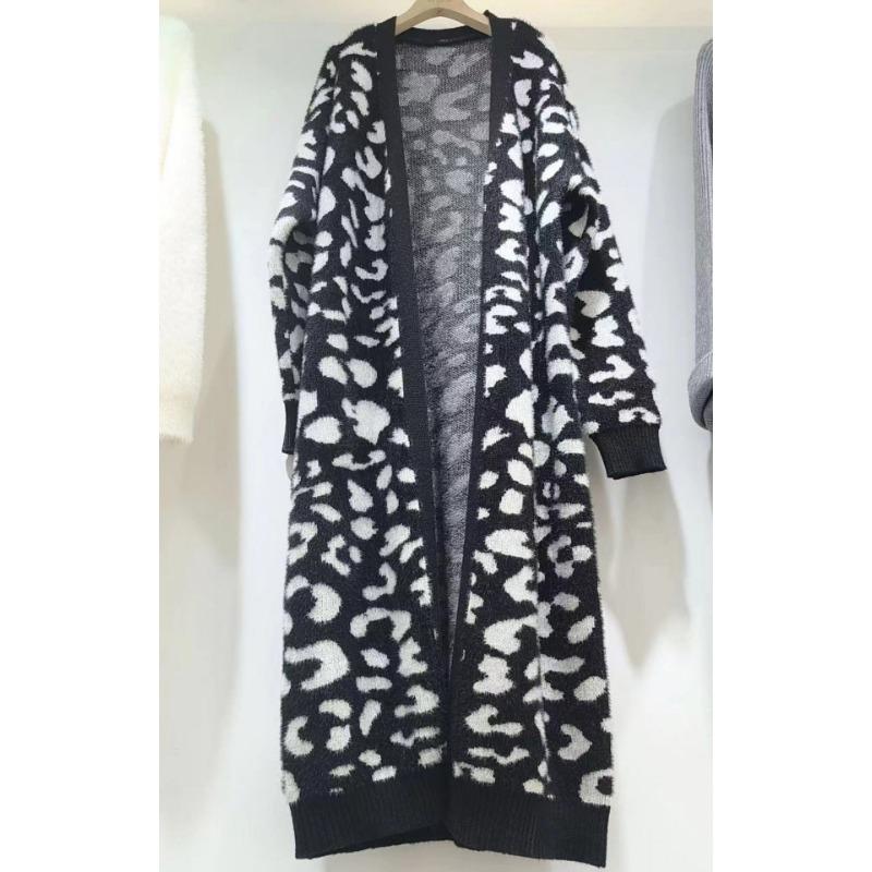 

Новый вязаный кардиган с леопардовым принтом, женский, длинный, свободный, большого размера, имитация норки, повседневный, модный свитер-жакет One size