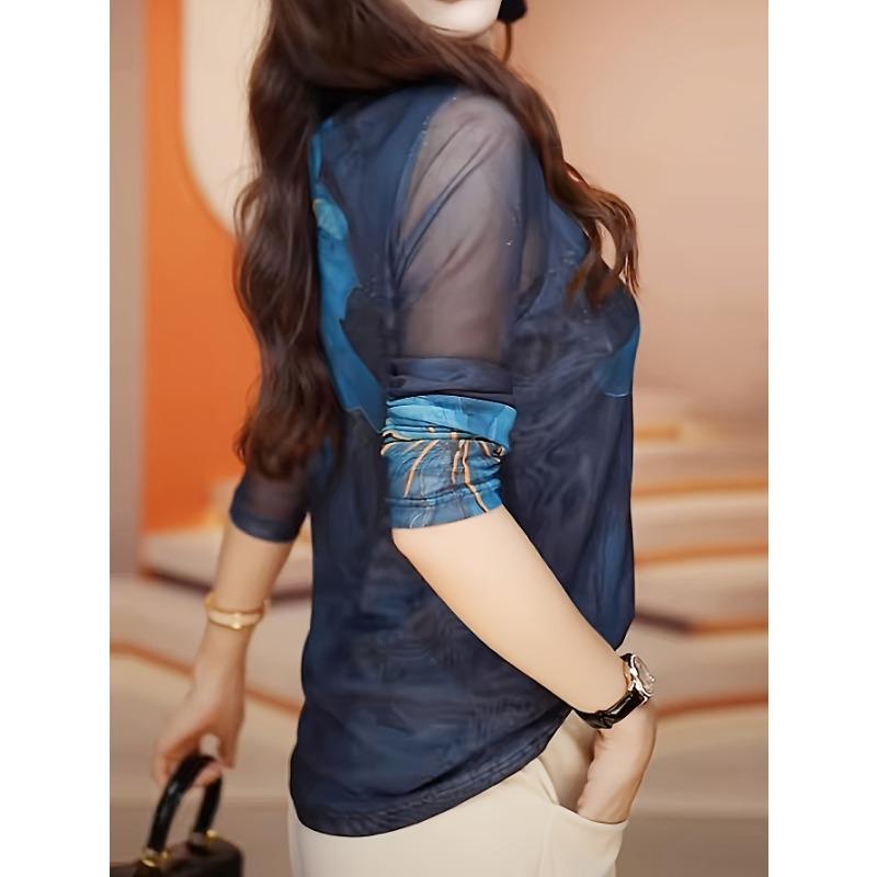 Stylish Floral Print Long Sleeve T-Shirt - Crew Neck, Semi-Sheer, High Elasticity, Machine Washable, Elegant Top for Spring and Fall