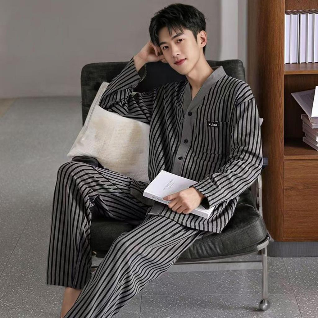 Men's 100% Cotton Pajama Set for Spring & Autumn: Long Sleeve, Long Pants, Versatile Outdoor Wear