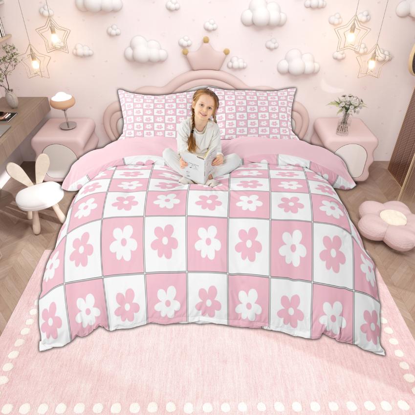 Comforter Homewish Cute Floral Plaid For Girls 2Pcs/3Pcs Kawaii Flower Checkered Bedding Set Cartoon Bedroom Decor