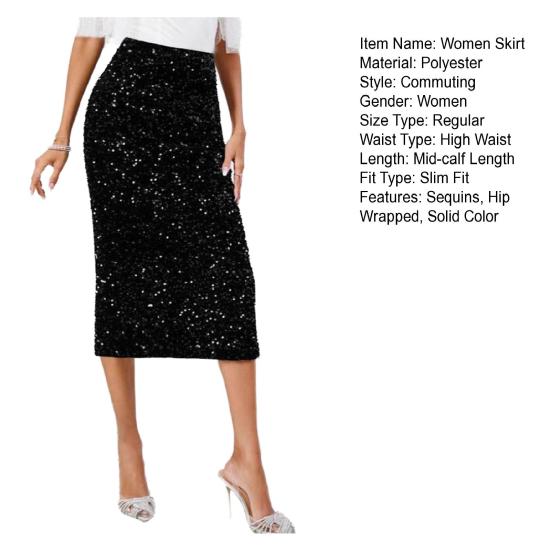 Saia Feminina Cintura Alta Cor Sólida Decoração de Paetês Modeladora Formato das Pernas Saia Midi Trabalho Festa Uso Diário