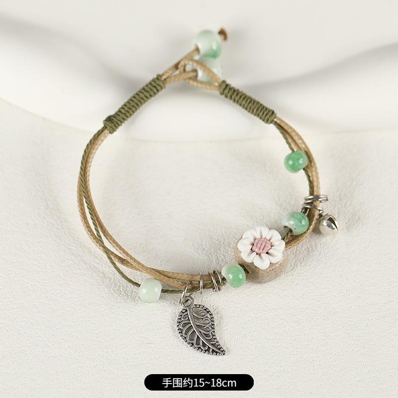 Retro ceramic flower woven bracelet niche literary hand rope small fresh bell bracelet female