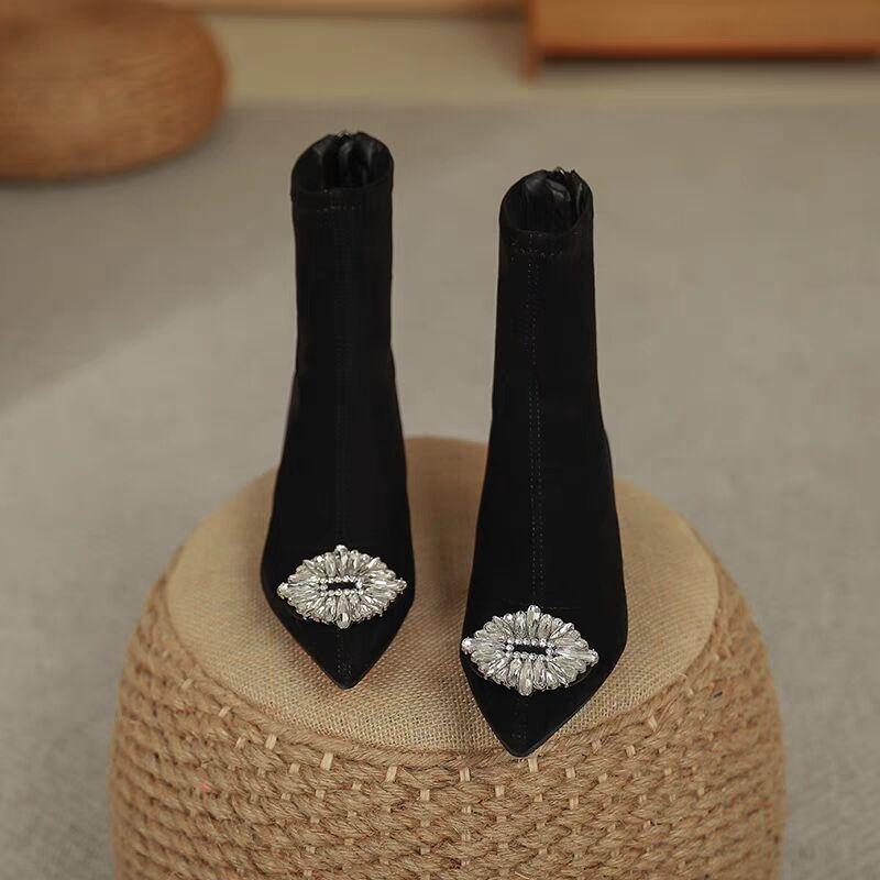 Small Short Boots 2025 New Women's Winter One-pedal Thin Leg Socks Boots Rhinestone Square Buckle Pointed Middle Heel Short Boots