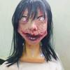 Halloween haunted house costume: long-haired female ghost, Janki, with a grotesque, terrifying, and disgusting mask, resembling a mutated zombie