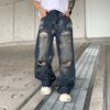 Mens Distressed Wide-Leg Denim Pants Loose Fit Streetwear Cargo Style Casual Jeans