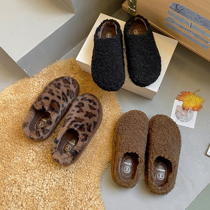 Leopard Print Plush Slippers Fashion Round Toe Deep Mouth Platform Sole Non-slip Wear-resistant Cotton Shoes