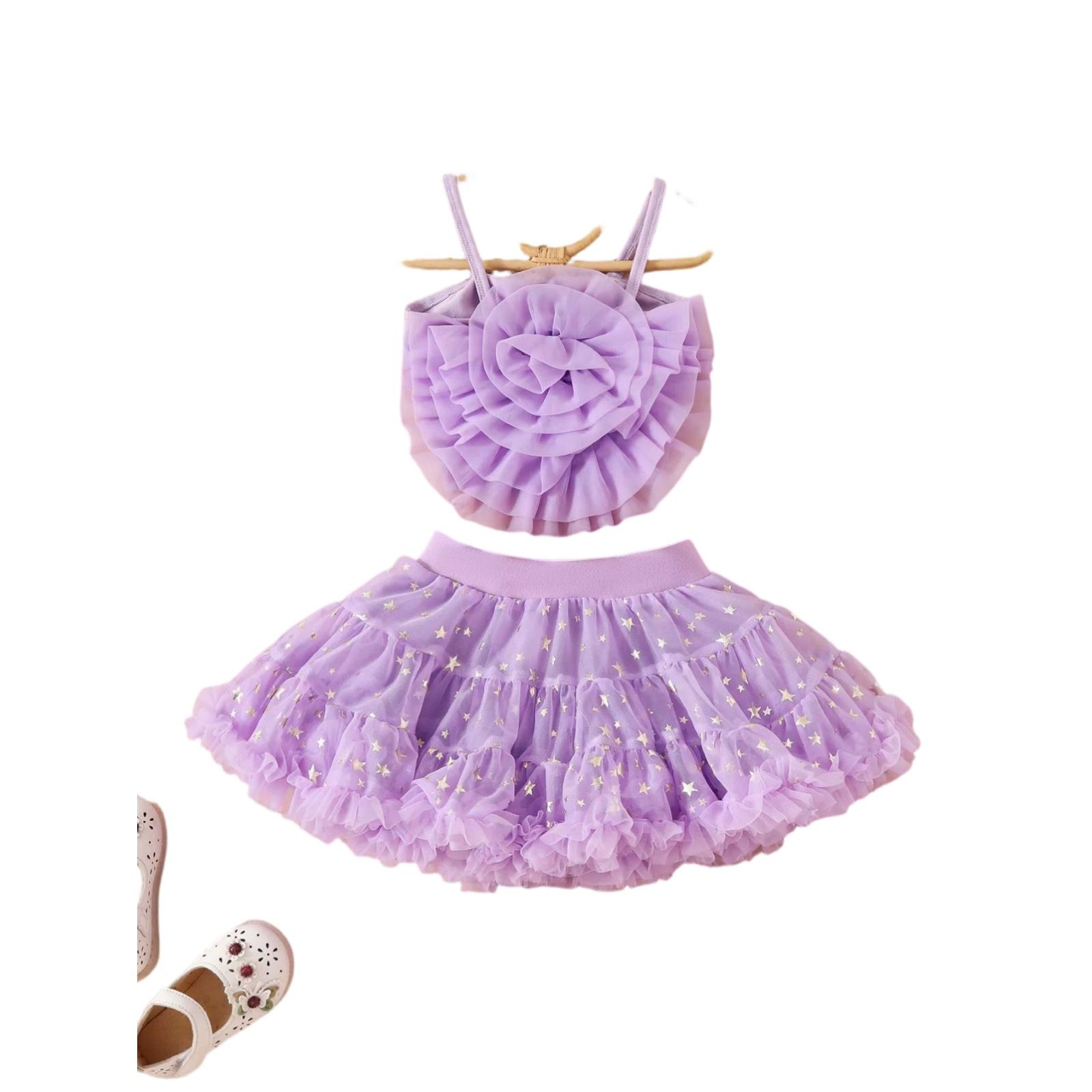 

Стильный комплект для девочек - топ с 3D-цветком + юбка-торт с оборками, два предмета 130