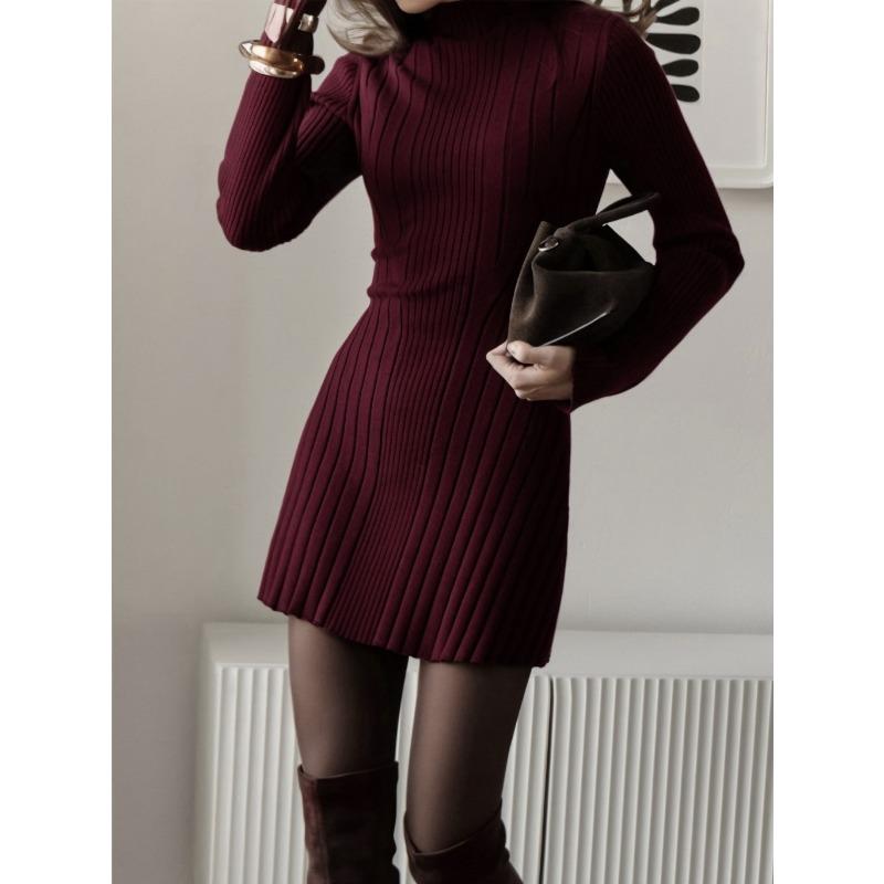 Autumn Winter Half High Collar Casual Fashion Knitting A-line Dress Women Solid Color Slim Mini Robe Vestidos