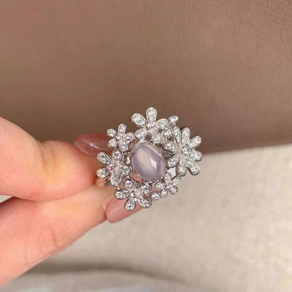 Light luxury inlaid diamond small flower beautiful rings for women natural ice chalcedony ring engagement retro wedding