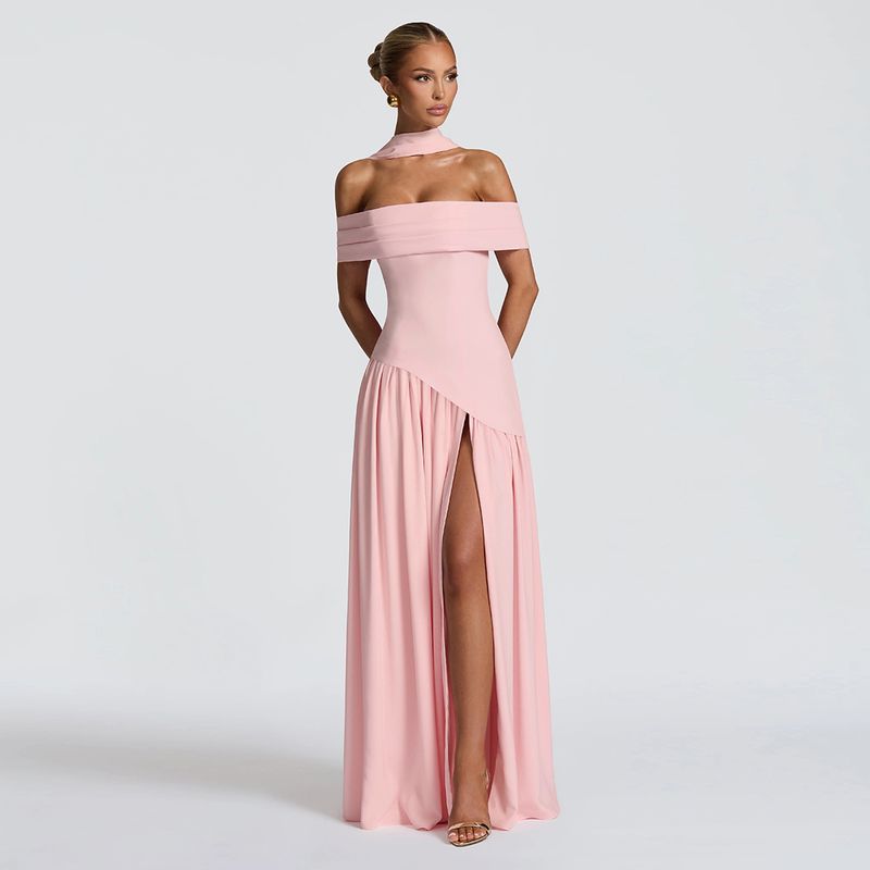 

# Sisjuly# Elegance Lady Asymmetrical Split Design Halterneck Ribbon off-Shoulder Collar Tube Top Dress Female Summer