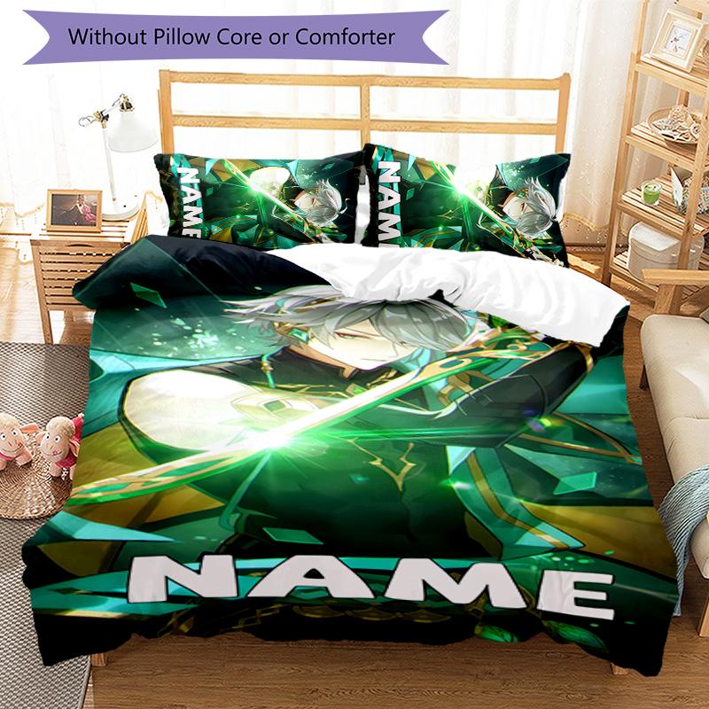 Juego de Ropa de Cama con Nombre Personalizado de Personajes de Genshin Impact de 3 Piezas Funda Nórdica con Cierre Incluye 1 Funda Nórdica y 2 Fundas de Almohada para Todas las Estaciones Decoración de Dormitorio