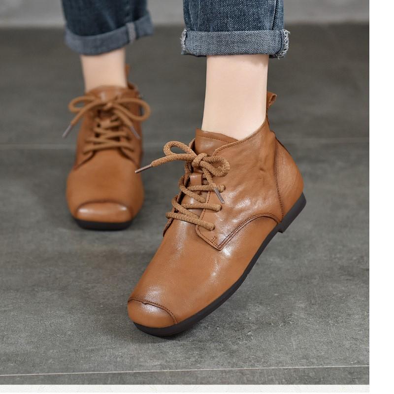 Johnature Genuine Leather Pleated Short Boots Round Toe Soft Sole Lace Up Versatile Women's Shoes