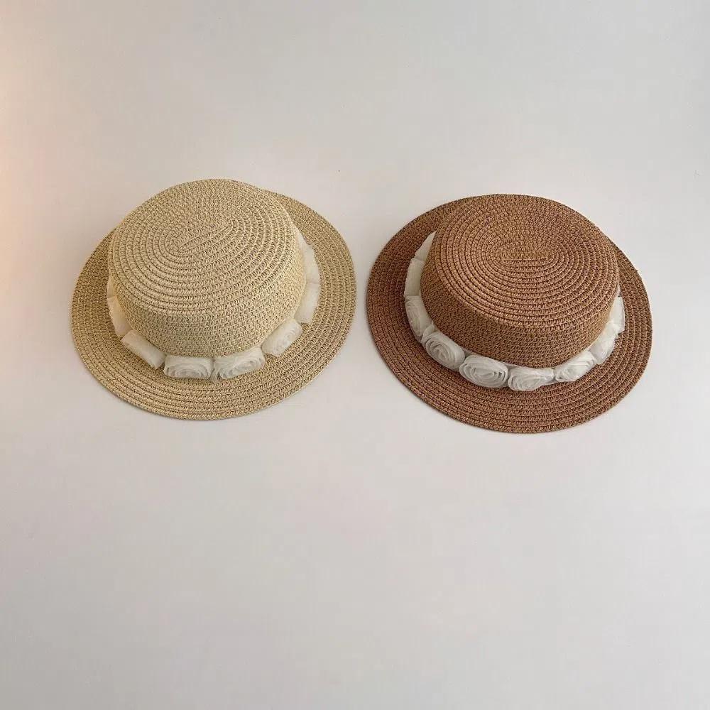 Trendy Summer Baby Straw Caps French Vacation Flower Lace Straw Hat Beach Travel Children Sun Hat for