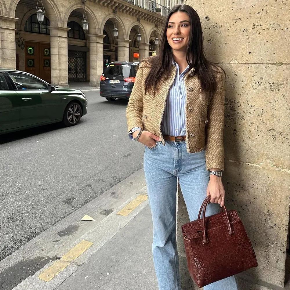 Chic Female Tweed Basic Jacket Coat Women Clothing Woolen Outerwear Long Sleeve Front Button Female Outerwear Chic Tops