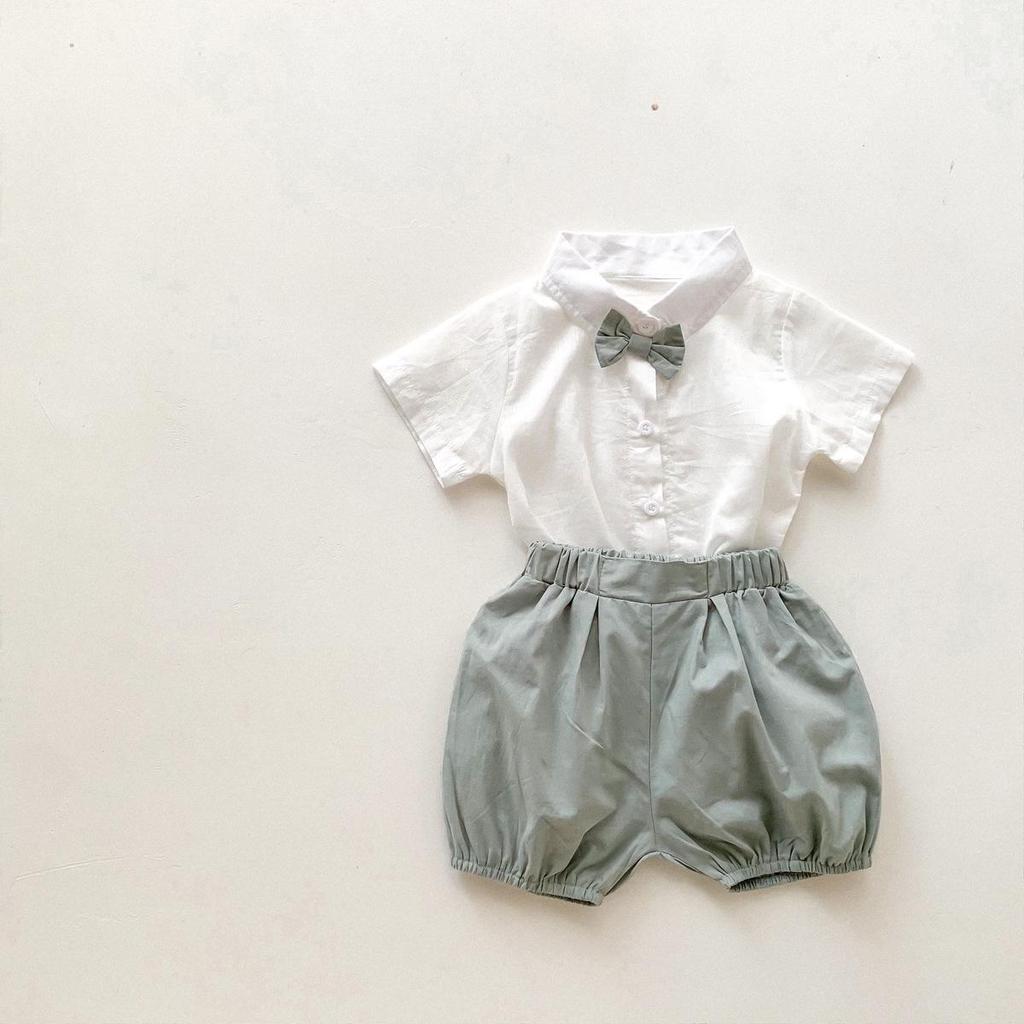 Summer Formal Korean Boys' Suit with Bow Tie: Infant 0-4Y Short Sleeve Shirt & Shorts - Perfect for First Birthday