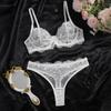 European and American pink embroidered lace bra, big chest, small anti-sagging upper support, ultra-thin erotic underwear set