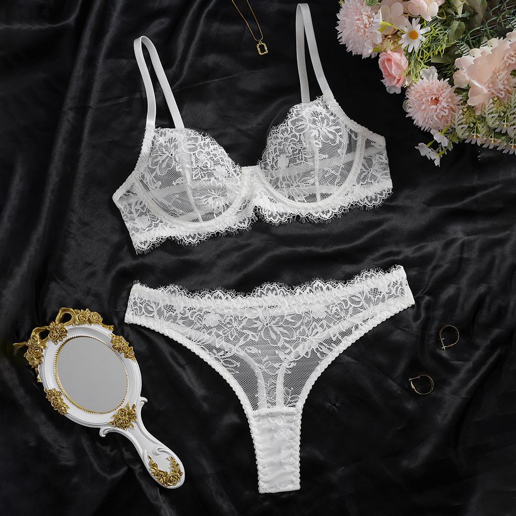 European and American pink embroidered lace bra, big chest, small anti-sagging upper support, ultra-thin erotic underwear set