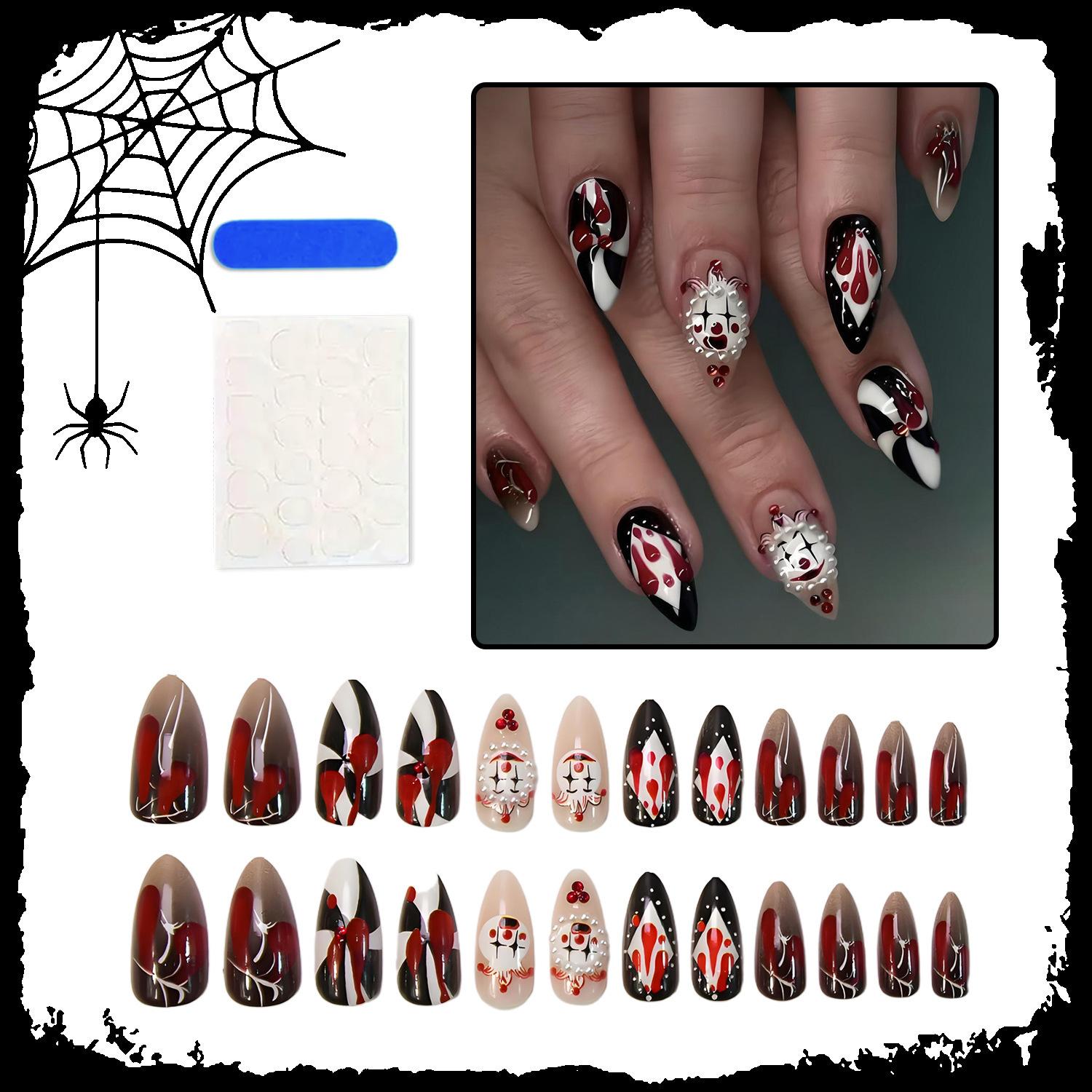 

Накладные ногти на Хэллоуин, миндалевидные, самоклеящиеся, с дизайном циркового клоуна, глянцевые, полное покрытие, искусственные акриловые ногти на клеевой основе для женщин, 24 шт.