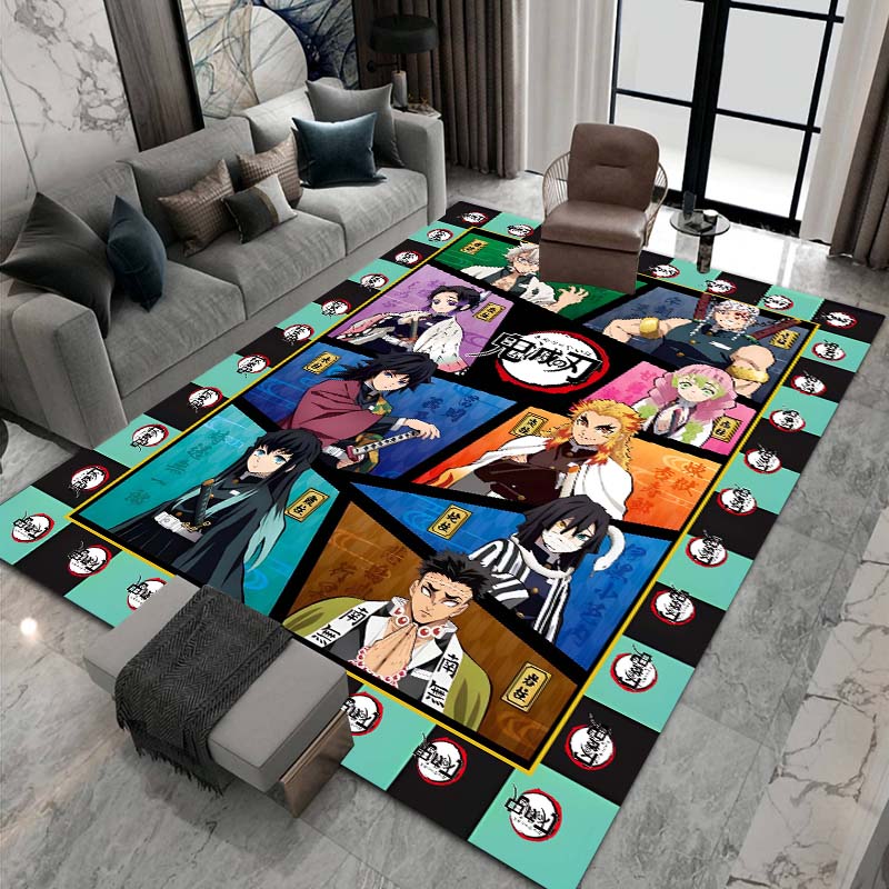 Cute cartoon Kimetsu no Yaiba rug, suitable for playrooms, bedrooms, living rooms, sofas, and other home décor; non-slip rug for