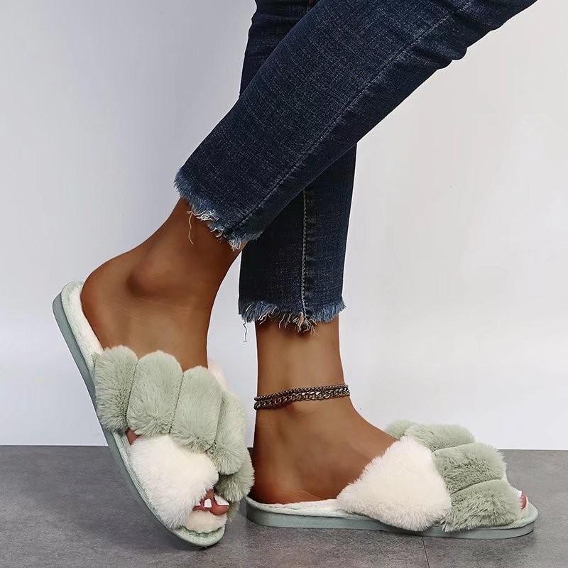 Fashion Hot Sale Cross Straps Double Straps Plush Slippers Sexy Leopard Soft Sole Floor Shoes Home Non-slip Warm Lightweight Flip Flops