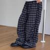 Navy Blue Retro Plaid Wide-Leg Elastic Drawstring Trousers for Women and Children - Autumn/Winter Fashion